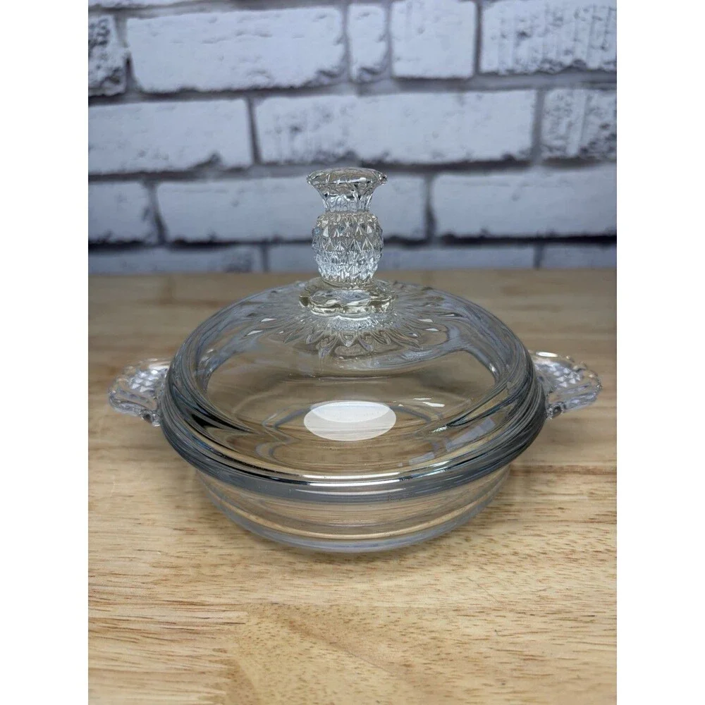 Heisey Glass Plantation Pineapple Round Covered Butter Dish + Punch Cup Vintage
